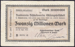 Bischofswerdaer Bank Engelhardt & Wagner, 20 Mio. Mark 25.9.1923. Gedruckter Scheck Auf Bankverein Bischofswerda Akt - Lokale Ausgaben