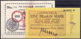 2 Scheine, Kronenbrauerei Otto Abbt. Zu 1 Bio. Mark O.D. Und Stadtkasse Zu 100 Mrd. Mark November 1923. I- Dießner. 153. - Lokale Ausgaben