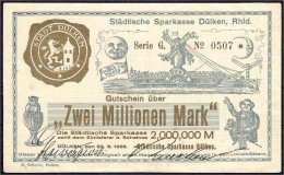 Städtische Sparkasse, 2 Mio. Mark 22.8.1923. Golddruckausgabe. III, Kl. Einriss. Keller 1132. - Lokale Ausgaben