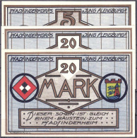 Pfadfinderkorps Jung Flensburg, 3 Scheine Zu 5 U. 2x 20 Mark O.D. Mit Druckfirma. I Bis I-, äußerst Selten. Lindman 353. - [11] Emissions Locales