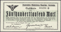 Frankenstein-Münsterberg-Nimptscher Kreisbahn, 500 Tsd. Mark 25.8.1923. Muster Ohne Stempel, Wz. Verschlungene Quadrate. - Lokale Ausgaben