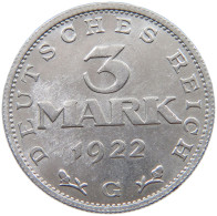 WEIMARER REPUBLIK 3 MARK 1922 G  #a088 0357 - 3 Marcos & 3 Reichsmark