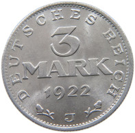 WEIMARER REPUBLIK 3 MARK 1922 J  #a051 0467 - 3 Mark & 3 Reichsmark