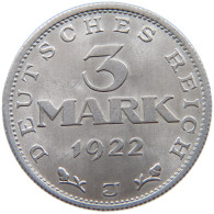 WEIMARER REPUBLIK 3 MARK 1922 J  #a088 0337 - 3 Mark & 3 Reichsmark