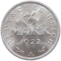 WEIMARER REPUBLIK 3 MARK 1922 A  #s019 0119 - 3 Marcos & 3 Reichsmark