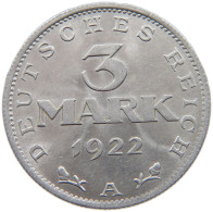 WEIMARER REPUBLIK 3 MARK 1922 A  #a088 0349 - 3 Mark & 3 Reichsmark