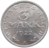 WEIMARER REPUBLIK 3 MARK 1922 A  #s019 0113 - 3 Marcos & 3 Reichsmark