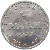 WEIMARER REPUBLIK 3 MARK 1922 A  #s019 0111 - 3 Mark & 3 Reichsmark