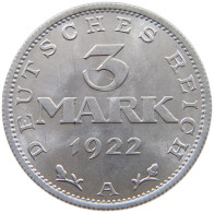 WEIMARER REPUBLIK 3 MARK 1922 A  #a070 0561 - 3 Mark & 3 Reichsmark