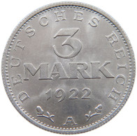 WEIMARER REPUBLIK 3 MARK 1922 A  #a088 0347 - 3 Mark & 3 Reichsmark