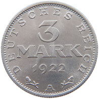 WEIMARER REPUBLIK 3 MARK 1922 A  #a088 0341 - 3 Mark & 3 Reichsmark