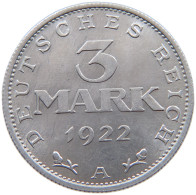 WEIMARER REPUBLIK 3 MARK 1922 A  #a070 0543 - 3 Mark & 3 Reichsmark