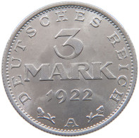 WEIMARER REPUBLIK 3 MARK 1922 A  #a051 0457 - 3 Marcos & 3 Reichsmark