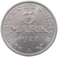 WEIMARER REPUBLIK 3 MARK 1922 A  #a036 0431 - 3 Marcos & 3 Reichsmark