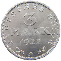 WEIMARER REPUBLIK 3 MARK 1922 A  #a036 0429 - 3 Mark & 3 Reichsmark