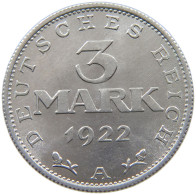 WEIMARER REPUBLIK 3 MARK 1922  #a051 0461 - 3 Mark & 3 Reichsmark