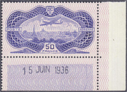 50 Fr. Flugzeug über Paris 1936, Postfrisches Exemplar Aus Der Rechten Unteren Bogenecke Mit Druckdatum ,,15 JUN 1936".  - Sonstige & Ohne Zuordnung