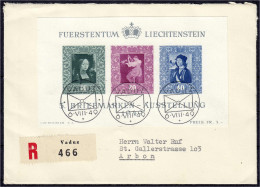 5. Briefmarkenausstellung In Vaduz 1949, Block Auf R-Ersttagsbrief Von Vaduz 6.VIII.49 Nach Arbon, Rückseitig Mit Ankunf - Other & Unclassified