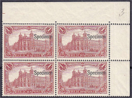 1 M. Reichspost 1900, Postfrischer Viererblock Aus Der Rechten Oberen Bogenecke, Alle Marken Mit Aufdruck ,,SPECIMEN", D - Other & Unclassified