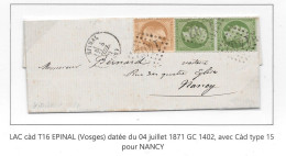 Lettre LAC 1871 Paire 5c Vert EMPIRE Napoléon YT 20 + 10c Bistre YT28B GC 1402 T16 EPINAL > NANCY - 1870 Beleg Van Parijs