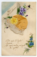 Fantaisie.Bonnet St Catherine Soie Jaune,dentelle Blenche.bouquet De Violettes Et Myosotises - Sainte-Catherine