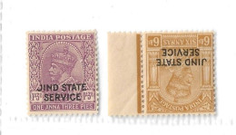 INDIA - JIND 1932 - 1937 OFFICIALS 1a 3p UPRIGHT WMK, 6a INVERTED WMK SG O51, O55w UNMOUNTED MINT - Jhind