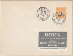 Arc De Triomphe  N°709(Y&T) 1er Jour Ayant Voyagé 12/2/45. Rare. Collection BERCK. - 1944-45 Arco Di Trionfo