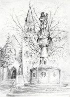 ISEN, ERDING, MARIENBRUNNEN, FOUNTAIN, ILLUSTRATION, STATUE, CHURCH, ARCHITECTURE, SIGNED, GERMANY - Erding