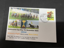 8-11-202 (1V 37) Australia - 7th November 2023 - Melbourne Cup (winner Without A Fight - Ridder Mark Zahra) Horse Stamp - Lettres & Documents