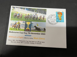 8-11-202 (1V 37) Australia - 7th November 2023 - Melbourne Cup (winner Without A Fight - Ridder Mark Zahra) Jockey Stamp - Lettres & Documents