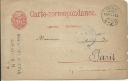 SUISSE CARTE 10c  AMBULANT N° 10  POUR PARIS   + CACHET BLEU DE 1877  LETTRE COVER - Ferrovie