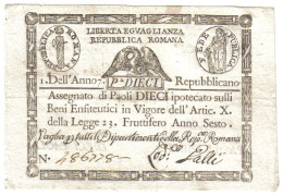 PONTIFICIO REPUBBLICA ROMANA ASSEGNATI 10 PAOLI 1798 ANNO 7° RETRO TRIANGOLO SPL+ LOTTO 680 - Otros & Sin Clasificación