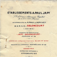 1924  ENTETE ETABLISSEMENTS A.PAUL JAPY Berne Seloncourt Doubs Pour Froidefond Quincaillerie Libourne Gironde - 1900 – 1949