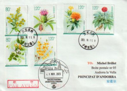 2023.  Plantes Médicinales Chinoises . Serie Complète Sur Lettre Suzhou à Andorra (Principat) Avec Timbre à Date Arrivée - Covers & Documents