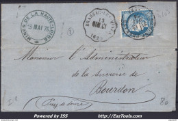 FRANCE N°60C LETTRE AVEC CACHET CONVOYEUR DE STATION BRASSAC LES MINES LIGNE 180 NIM.CL. - 1871-1875 Ceres