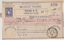 1939 - MANDAT POSTE ENTIER TYPE SAGE ! De TOURS (INDRE ET LOIRE) => POSTE AUX ARMEES SP 513 (AFRIQUE) CACHET AU DOS ! - Altri & Non Classificati