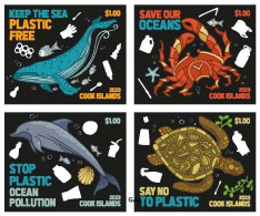 Cook 2023, Campaign Against Plastic Pollution In Oceans, Whale, Crabs, Dolphin, Turtle, 4val IMPERFORATED - Crustacés