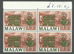 Malawi, 1964 (#9g), Local Motives Plants Turkish Tobacco Industry Flowers - 1v Single In Block Of 4 - Tabak