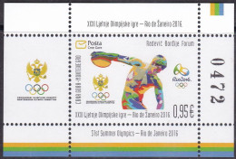 Montenegro 2016 Rio De Janeiro Brazil Olympic Games Athletics Discus Throw, Block, Souvenir Sheet MNH - Verano 2016: Rio De Janeiro