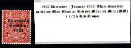 1922 - 1923 December - January Thom Saorstát In Shiny Blue Black Or Red Ink 1 1/2 D Red Brown Mounted Mint (MM) - Nuovi