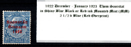 1922 - 1923 December-January Thom Saorstát In Shiny Blue Black Or Red Ink 2 1/2 D Blue (Red Overprint) Mounted Mint (MM) - Nuovi