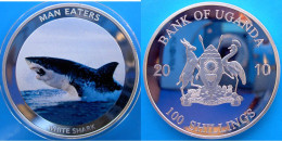 UGANDA 100 S 2010 PROOF SILVER PLATED  MAN EATERS WITHE SHARK SQUALO BIANCO PESO 50g CONSERVAZIONE FONDO SPECCHIO UNC - Ouganda