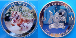 UGANDA 100 S 2010 PROOF SILVER PLATED  MAN EATERS TIGER TIGRE PESO 50g CONSERVAZIONE FONDO SPECCHIO UNC - Uganda