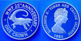 TURKS AND CAICOS ISLANDS 1 C 1988 ARGENTO PROOF WWF ANNIVERSARY IGUANA PESO 28,28g TITOLO 0,925 - Turks & Caicos (Inseln)