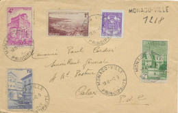 MONACO VILLE 1946 LETTRE POUR CALAIS - TIMBRES CATHEDRALE, PALAIS, BLASON, FONTAINE, VUE GENERALE AERIENNE, GRIFFE..... - Covers & Documents