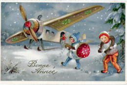 Ancienne Carte De Bonne Année, Avion, Enfants, Champignons, Fer à Cheval - Champignons