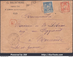 FRANCE N°94+99 SUR LETTRE RECOMMANDÉE CAD MONSEMPRON LIBOS DU 08/07/1892 - 1876-1898 Sage (Type II)