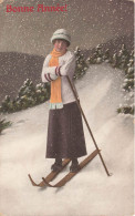FANTAISIE - Femme - Bonne Année - Femme Faisant Du Ski - écharpe Jaune - Colorisé - Carte Postale Ancienne - Femmes