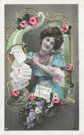 FANTAISIE - Femme - Bonne Année - Femme Avec Des Lettres - Robe Bleue - Carte Postale Ancienne - Femmes
