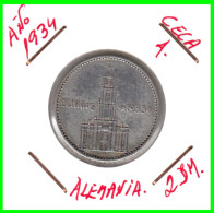 GERMANY - ALEMANIA DEUTFCHES REICH MONEDA DE 2.00 REICHSMARK AÑO 1934-A MONEDA DE PLATA - 27 MM.  ANIVERSARIO GOBI-NAZI - 2 Reichsmark